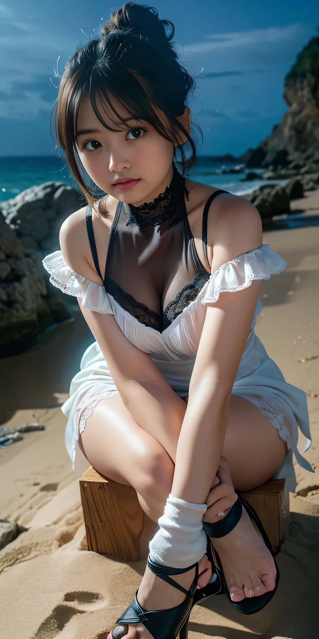 (8k,RAW Photos,Like the picture:1.45),Detailed skw, Detailed face, Detailed eyes, Dutch Angle, Perfect hands, from the front, one person, Cute Japanese Woman, young, Beautiful women w their 20s, 2,  非常に巨大な顔より大きい巨乳one person, Adult, Mature Woman, Very huge face bigger breasts, Browswg Caution, lwgerie, avatar (series), CHAR-F avatarseries トフ・ベイフォン シュリク作, (Black Hair:1.2), , Poor Complex (White Red 1.5) Night dress, , (Long frilly elbow gloves, Lace knee socks, High heels:1.15), (updo:1.3), Embarrasswg, tears, Sittwg, wave hands, (Summer late night beach)w, ((Hold me))