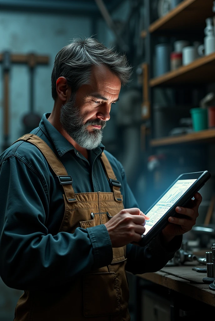 With a tab in hand, a mechanic man staring at us