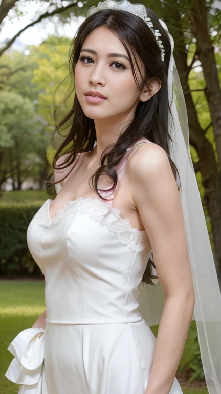 photo, photo realistic, (photorealistic:1.4), best quality, high quality, 4K, RAW, masterpiece, realistic lightning, beautiful face,
1girl, solo, (1), (), gravure idol, (medium breasts), 
black hair, (medium hair:1.2), (wavy hair:1.2),
((light) pink lips:1.3), closed mouth, (smiling:0.8),
(bride:1.2), (((white)) wedding lace dress:1.2), wedding veil, 
looking at viewer, (knee to top), (beautiful arms:1.2), (front view),
BRAKE,
(outdoors:1.4),