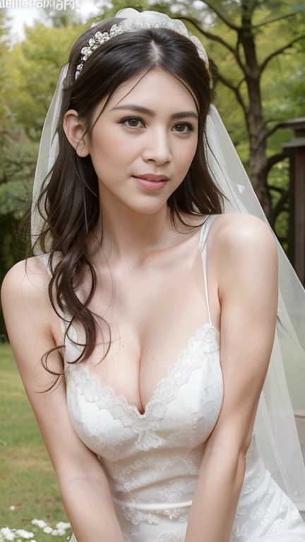 photo, photo realistic, (photorealistic:1.4), best quality, high quality, 4K, RAW, masterpiece, realistic lightning, beautiful face,
1girl, solo, (1), (), gravure idol, (medium breasts), 
black hair, (medium hair:1.2), (wavy hair:1.2),
((light) pink lips:1.3), closed mouth, (smiling:0.8),
(bride:1.2), (((white)) wedding lace dress:1.2), wedding veil, 
looking at viewer, (knee to top), (beautiful arms:1.2), (front view),
BRAKE,
(outdoors:1.4),