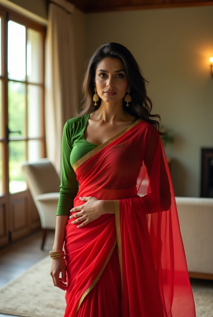 Beautiful and Slim Indian woman Aishwarya Rai in green blouse red saree lifting a laredroom with high ceiling, natural sile, woman is looking into the camera , full body image