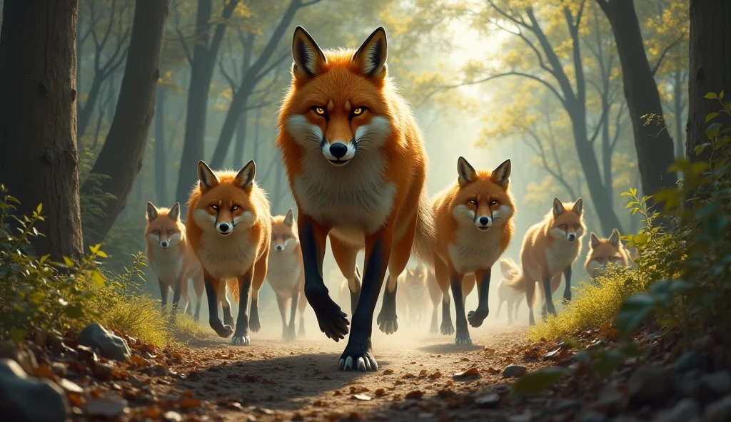a fierce fox leading his pack with determination, overcoming obstacles and towards victory OUT OF THE FOREST