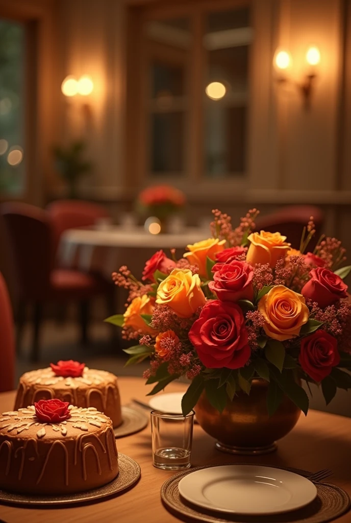 2 decades of love bouquet and cake warm colors on restaurant with romnatic ambiance