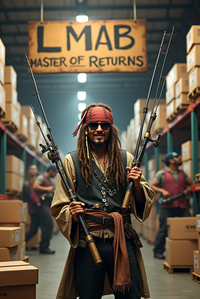 Create an image of Jack Sparrow, who is standing in front of a lot of packages and has several fishing rods and fishing equipment in his hand. 
Jack Sparrow is said to be in a returns warehouse for fishing equipment.
He should laugh in a friendly manner.  look at the camera, zoom in and present the fishing and hold a package. Wear sunglasses. Above him hangs a sign that says " LMAB" and a sign with "Master of Returns"
In the background, employees are packing 
