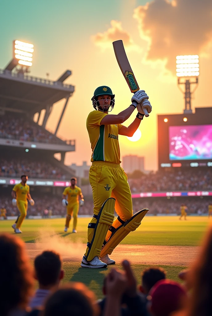 Glenn Maxwell wear australian jersey scored 200 in cyberpunk cricket stadium at sunset with full of public in stadium 