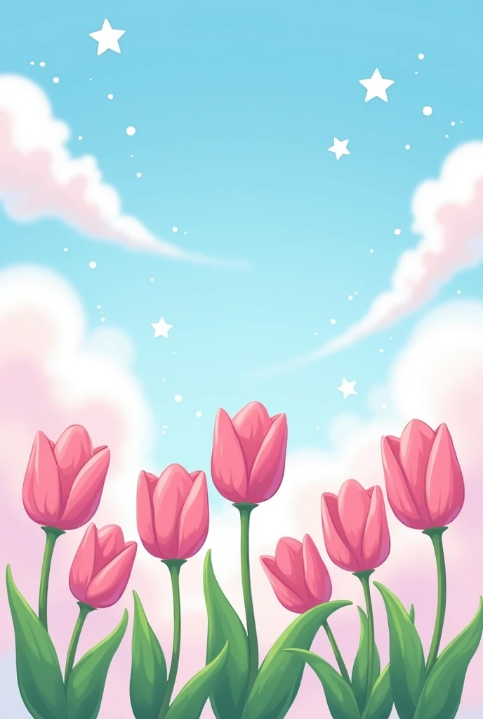 I want a row of pink tulip flowers with dreamy clouds and some white twinkling hand drawn stars as well, which will give an aesthetic effect. Make it more like the one we see in anime. Make the tulips more cartoonish and 2d. Let the tulips have only three petals visible, vanishing the petals behind. Make clouds more dreamy and pink.
Make leaves greener and tulips flatter and hand drawn. Give the clouds a little bit of white tint! And make the sky blue with no more change.