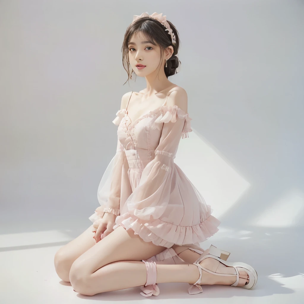 The above-the-knee length pale pink ruffled dress is decorated with lace, ribbons, and countless embellishments. The neckline is low-cut, showing some cleavage, and the sleeves have puffy ruffles. For footwear, wear white ankle-strap sandals with small heels. For accessories, Maya added a pink headband with a matching bow and dainty pearl earrings.