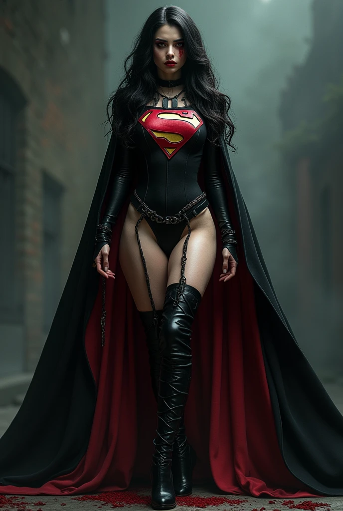 PHOTO REALISTIC. A FULL BODY VIEW OF THE HOTTES AND SEXIEST VAMPIRE BABE WITH, VAMPIRE EYES, LARGE, LONG, BLOODY VAMPIRE FANGS STICKING OUT FROM HER MOUTH, LONG BLACK HAIR, HUGE PERKY VAMPIRE BOOBS. WEARING A MAGE SUPERGIRL OUTFIT, GOTH CAPE AND GOTH BOOTS. A LARGE BLOODY "S" EMBLEM ON HER CHEST. ABSURD 8K DETAILS AND TEXTURES.