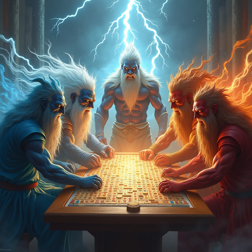 god of thunder, god of water, god of fire, god of rock playing mahjong board together with angry eyes