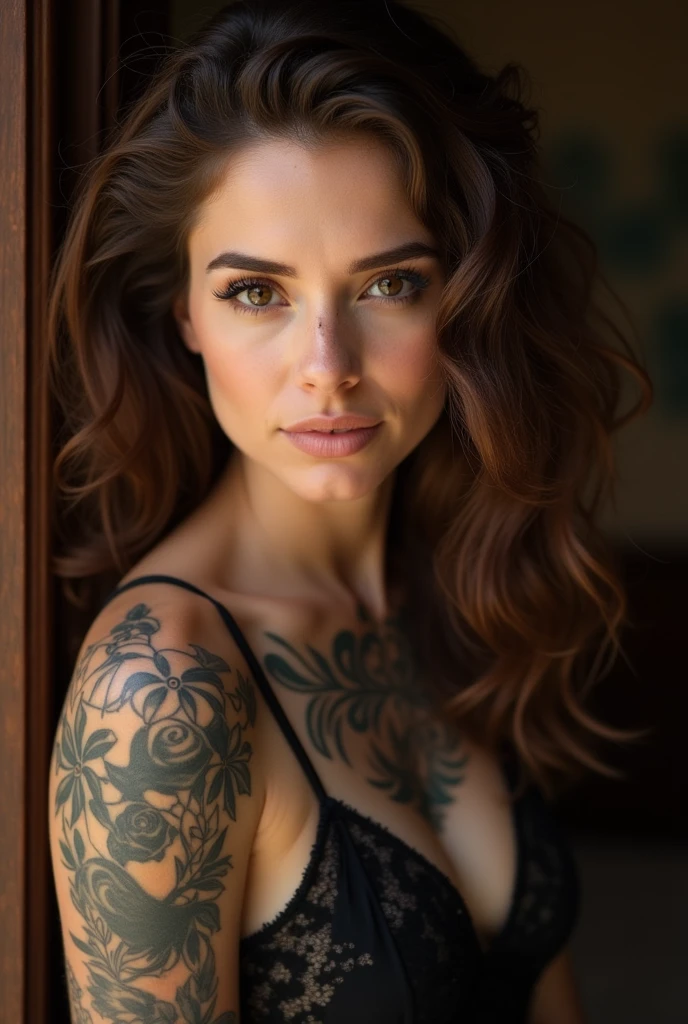 brune les yeux marrons avec pleins de tatouages en 4 photos de face et entière habillé en tenue de soirée