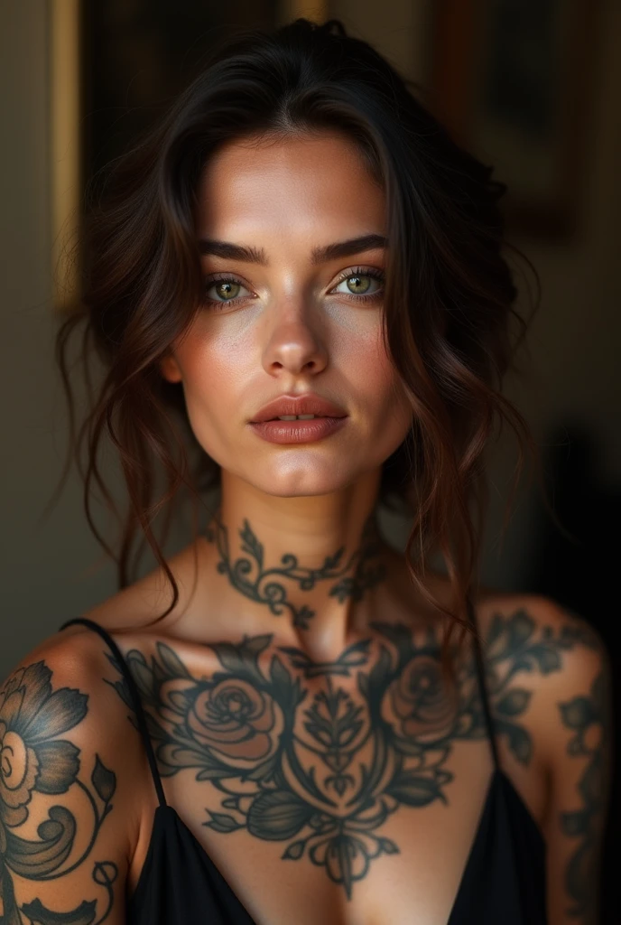 brune les yeux marrons avec pleins de tatouages en 4 photos de face et entière habillé en tenue de soirée