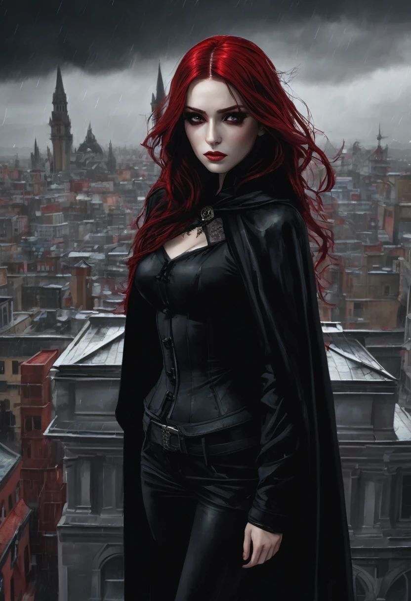 gothic woman, heroina, wearing black cape, tight and detailed clothing, loose red hair, eyes black, on top of a building, raining.