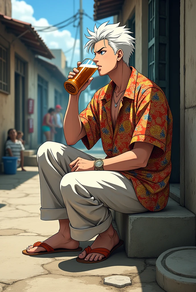 Gojo in Venezuelan clothes/ low-income drinking beer
