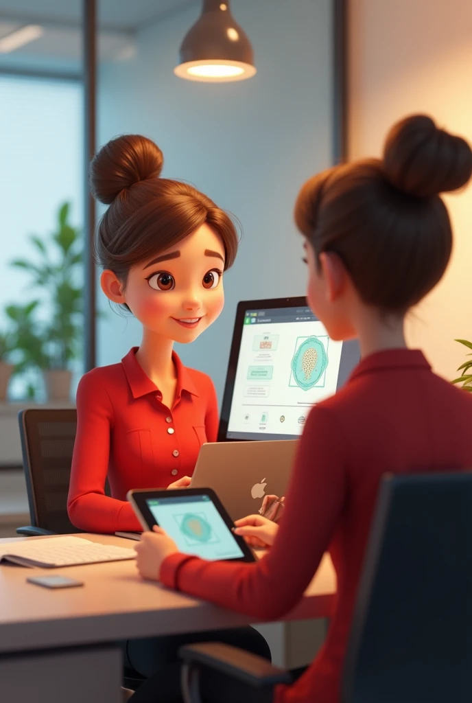 girl with light brown hair tied up in a red formal blouse using a computer writing digital certificate on the screen taking the client&#39;s biometrics with a male client in an office background in the Disney Pixar style