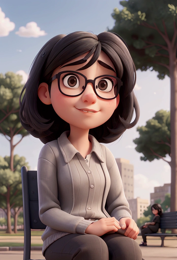young woman with glasses, gray eyes, expressive look, black hair with bangs, sitting in a park looking for inspiration, wide shot, cinematic lighting, pixar style