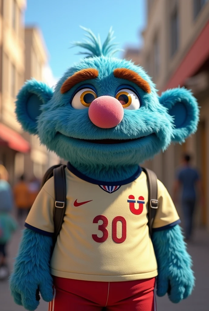 blue character from Sesame Street, Pancho Contreras, with yellow eyes with black pupils, nose the color of an egg, brown eyebrows, wearing a cream-colored soccer jersey, with the number 30 on the back, the shirt has a cherry U, arriving travel from the United States.