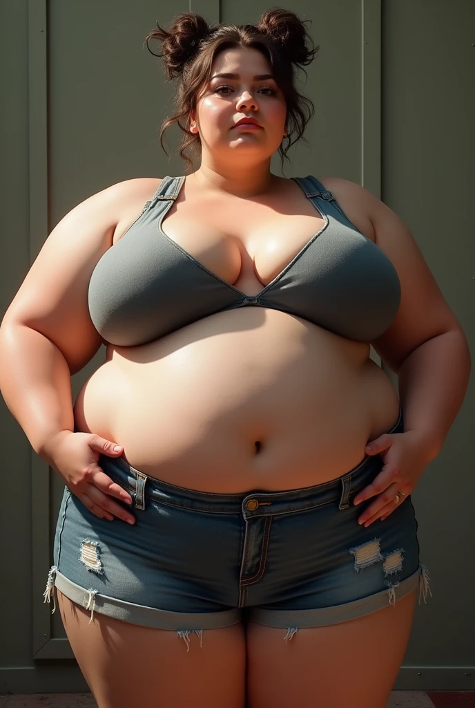 a woman, with a (((morbidly obese body type))), large breasts, big round belly hanging over tiny Jean shorts, hair in a messy bun, (((short crop-top shirt showing underboob)