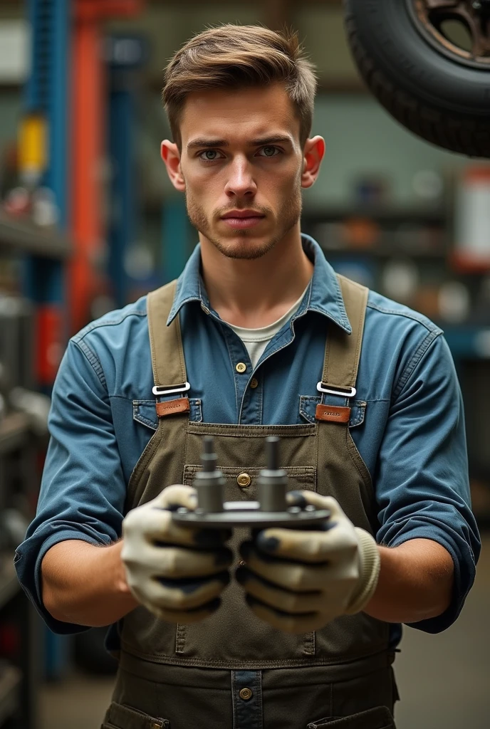 With a tab in hand, a young mechanic man staring at us