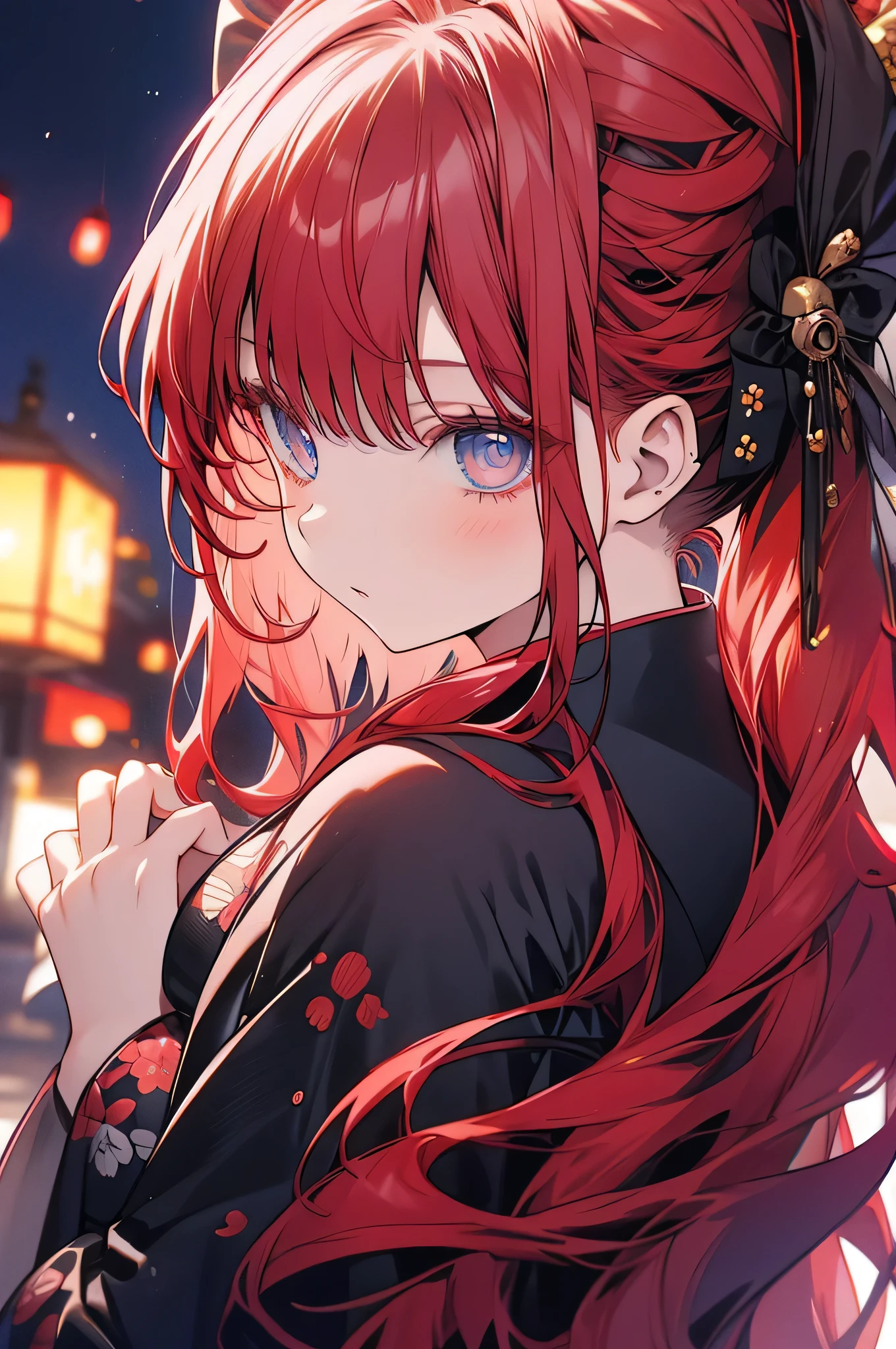 A cherry-red-haired girl with blue eyes, wearing a black yukata, her hair tied up.