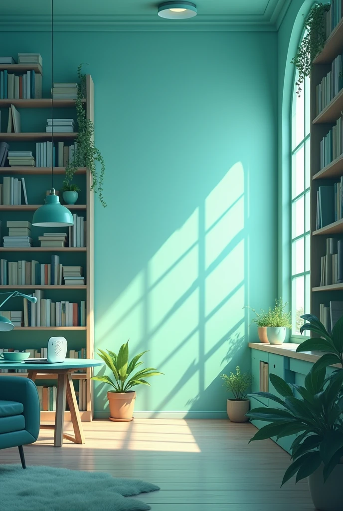 Create a background with aqua green tone that has books and technology involved 