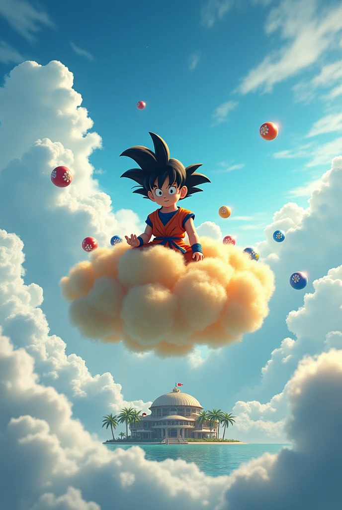 (photorealism:1.2), goku ???, flying cloud, kame house, 7 dragon ball