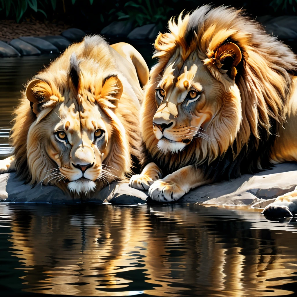(((Masterpiece))) Digital art, ink wash, beautiful, spectacular. Aura of golden light like. 
Create an image of a majestic adult male lion with a full, voluminous mane in rich shades of golden brown, his fur meticulously detailed and textured. The lion is positioned to the left, lying down, its body tilted towards us, its massive head facing a small gray tabby cat. The cat, on the right, sits upright, its body facing the lion, in a posture that suggests both curiosity and balance. The lion's piercing amber eyes stare intently and calmly at the smaller feline, who looks back with an equally steady gaze. 
The setting is a subtle dark gradient background that transitions from a deep charcoal at the top to a slightly lighter shade at the bottom, creating an intimate and focused atmosphere. Both the lion and the cat are situated in such a way that they are perfectly reflected in the calm, mirror-like water below them, which extends across the frame. The light source appears to come from the front, casting slight reflections on the faces of the animals and the ripples of the water, thus reinforcing the depth and realism of the scene. The general mood is one of quiet conversation and unexpected kinship between species of very different sizes and strengths. 
