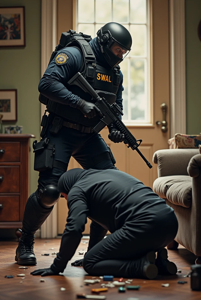 A SWAT officer entering a house and shoots a thief. The thief falls to the floor and is arrested.