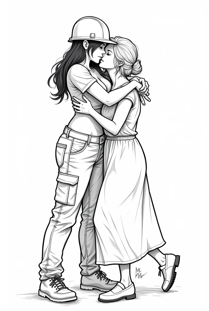 Anime line art, A age female construction worker wearing a crop top and a hard hat and cargo pants and showing off her exposed toned muscular stomach being kissed by an aggressive voluptuous older widowed woman wearing a simple house dress and no hat