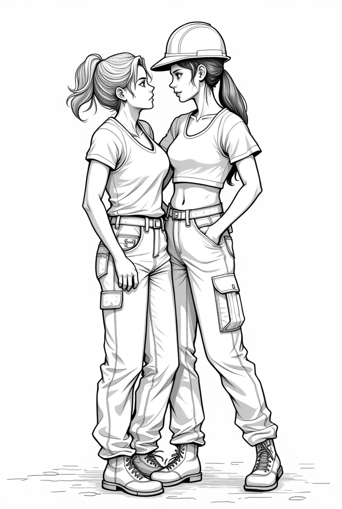 Anime line art, A teenage female construction worker wearing a crop top and a hard hat and cargo pants and showing off her exposed toned muscular stomach being kissed by an aggressive voluptuous older widowed woman wearing a simple house dress and no hat 
