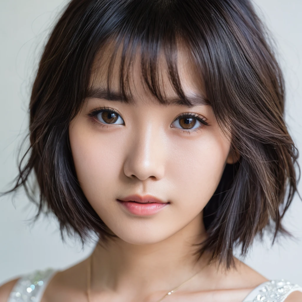 Yui, photo of female, age 15 year, black shoulder length hair with brown highlights; (dslr, ultra quality, film grain, Fujifilm XT3, crystal clear, 8K UHD, highly detailed glossy eyes, high detailed skin, skin pores), wear white dress