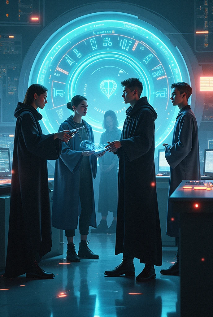 A wizard group of new generation wizards with cool dressings in a computer lab