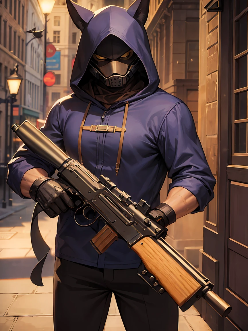 1 man, blacksad, wearing hood , holding an ak47