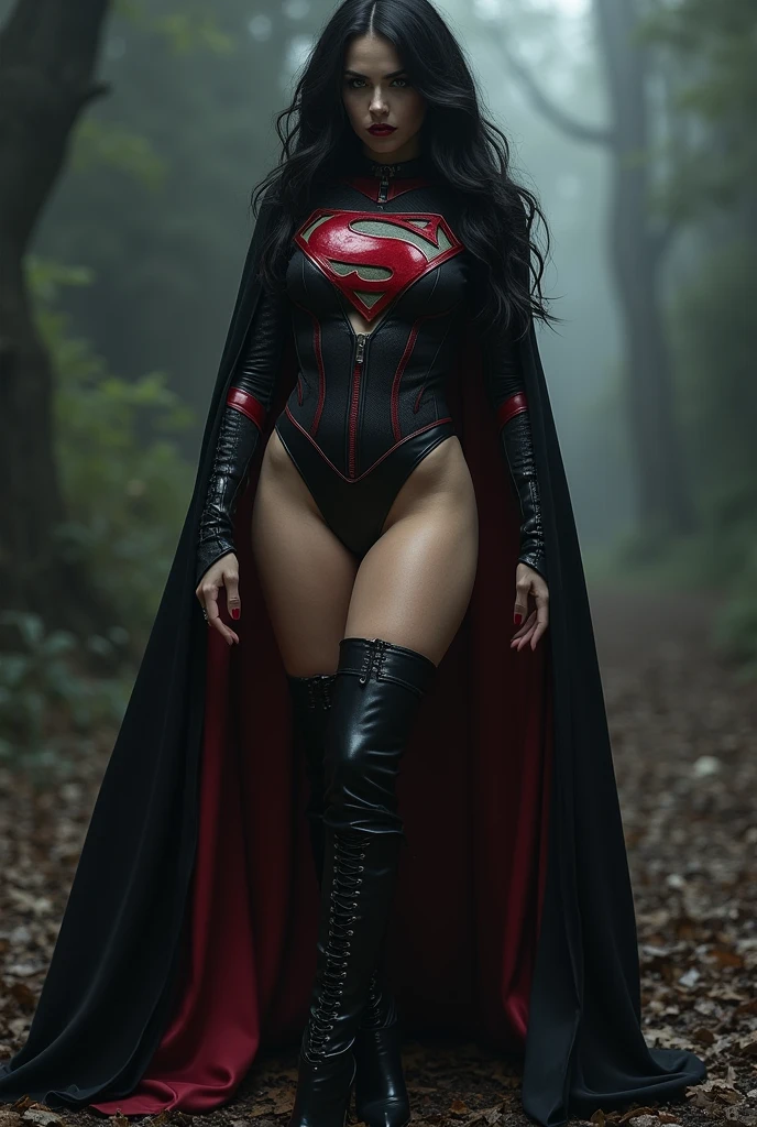 PHOTO REALISTIC. A FULL BODY VIEW OF THE HOTTES AND SEXIEST VAMPIRE BABE WITH, VAMPIRE EYES, LARGE, LONG, BLOODY FANGS STICKING OUT FROM HER MOUTH, LONG BLACK HAIR, HUGE PERKY VAMPIRE BOOBS. WEARING A MAGE SUPERGIRL OUTFIT, GOTH CAPE AND GOTH BOOTS. A LARGE BLEEDING "S" EMBLEM ON HER CHEST. ABSURD 8K DETAILS AND TEXTURES.
