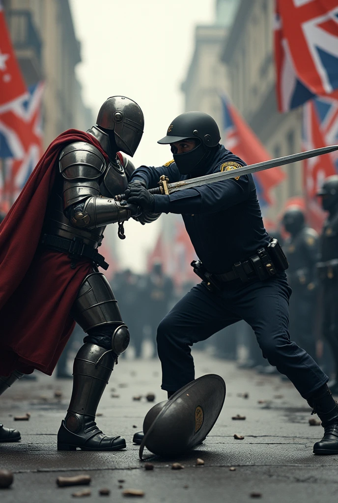 draw a picture of an iron-clad swordsman stabbing a policeman with his sword, police in full dress and fallen police shield and helmet with typical police face covering ,set during a political demonstration