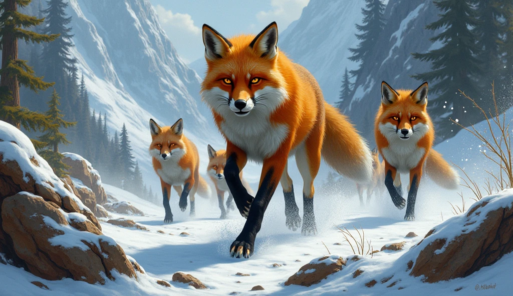 a fierce fox leading his pack with determination, overcoming obstacles and towards victory
