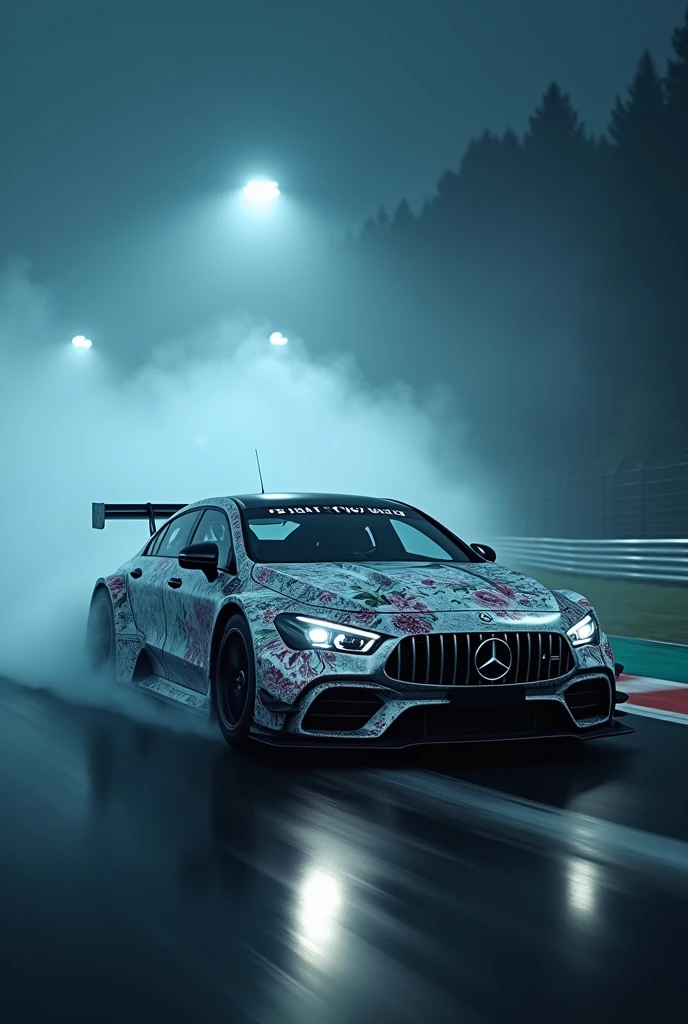 Mercedes benz civic with flover body kit racing on
racetrack at night and fog