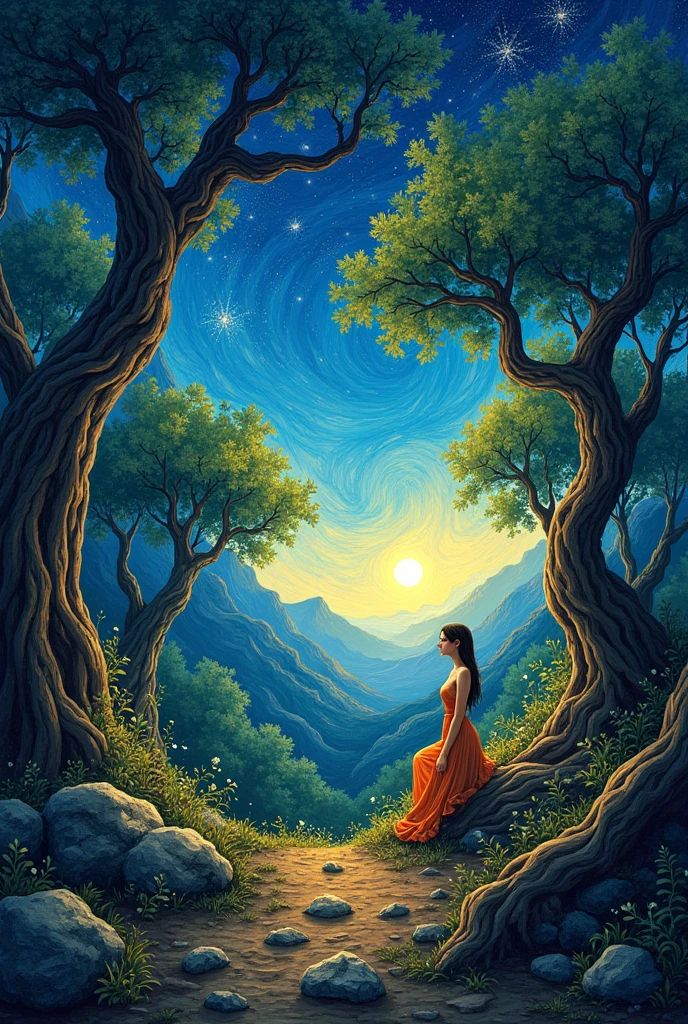 a landscape with trees and a woman, I want two images, one at night and one during the day, in the anime style but I want it to be done with the same art as "stary night" de Van Gogh, remembering that both have to be the same