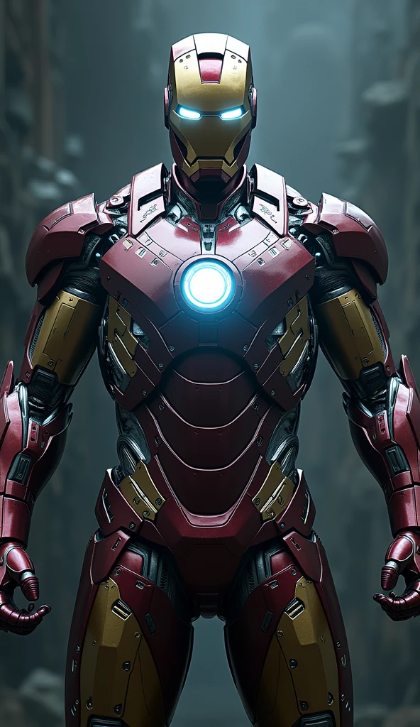 detailed iron man portrait, abstract, 8k, hyperrealistic, cinematic lighting, dramatic contrast, metallic textures, glowing reactor, intricate mechanisms, advanced technology, sleek design, muscular form, intense gaze, bold colors, dynamic pose, stunning realism