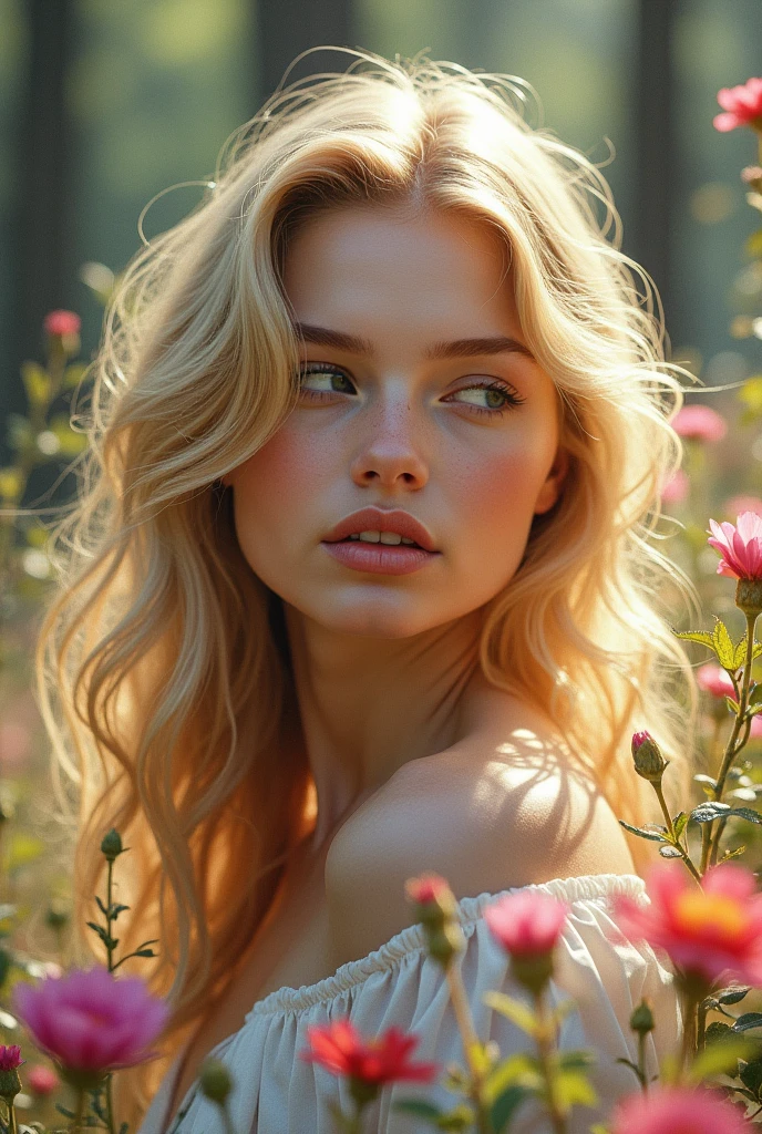 beautiful blonde woman, photorealistic, watercolor, romantic, vibrant, soft natural light, panoramic, renaissance, in a forest clearing framed by flowers, reminiscent of Rembrandt