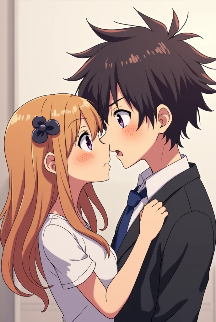 An anime boy with a giant penis with a girl sucking it and him blushing and cumming