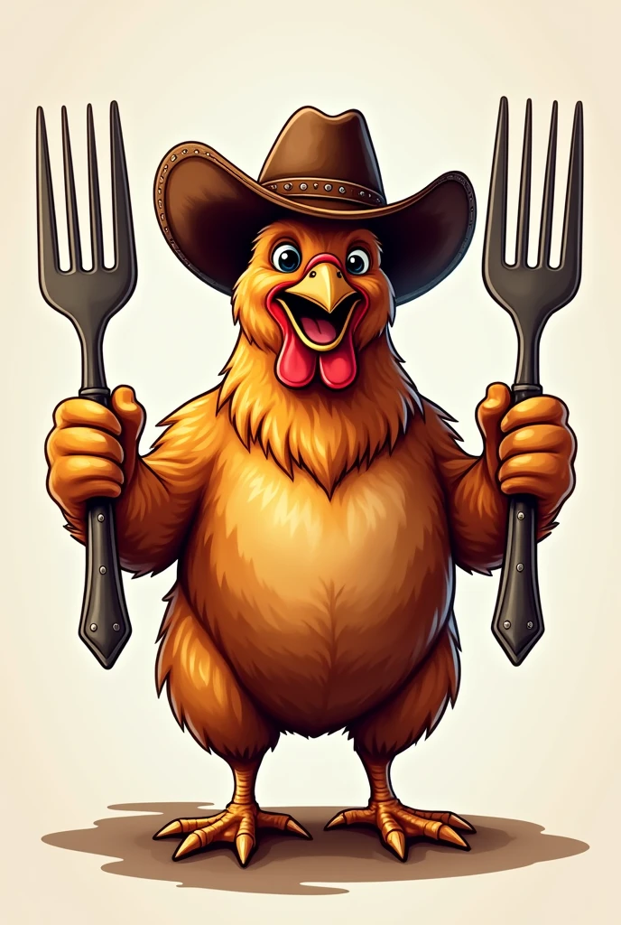 Roasted chicken with cowboy hat and forks simulating weights to create a logo