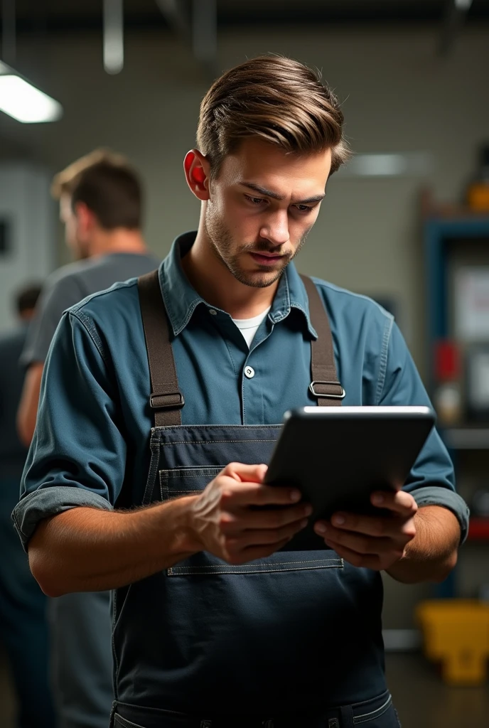 With a tablet in hand, a young mechanic man staring at us