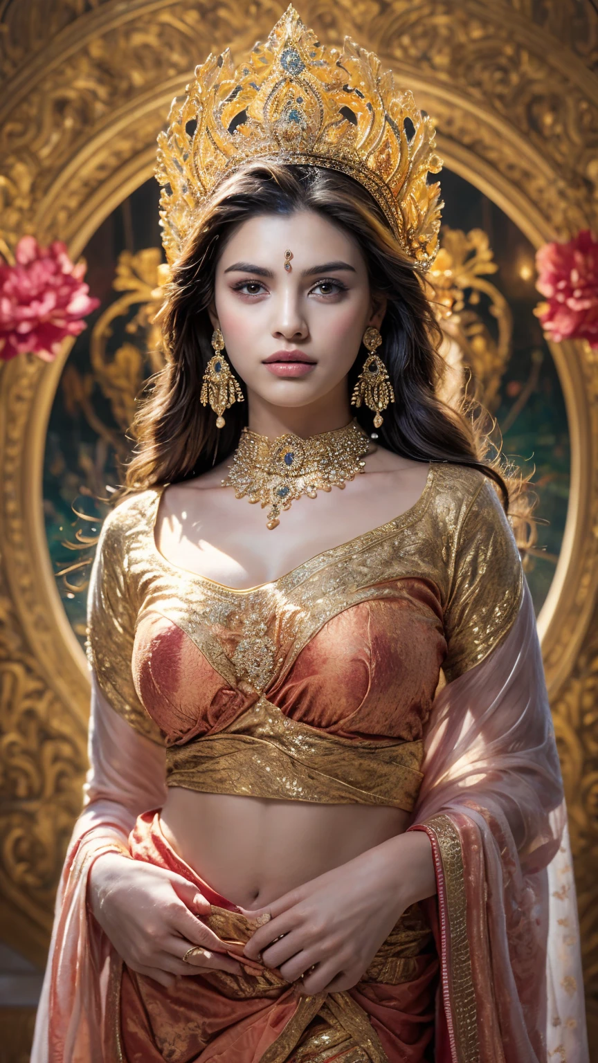 ((Best quality, 8k, Masterpiece :1.3)), Sharp focus :1.2, Generate a realistic image of a beautiful sexy Indian woman plus size body: 8.5 (masterpiece like a princess) (body like divine girl) dressed divine clothes white skirt and print big v neck blouse + belt, adorned with traditional ornaments, standing in a well-lit room with cinematic lighting. ((Front view, random elegant pose)), and there is a sense of grace and elegance in her posture. The background should complement the scene, enhancing the overall aesthetic appeal of the image. Photography by Brandon Woelfel, Full shot: Canon EF 16-35mm f/2.8L III USM lens on a Canon EOS 9D Mark IV camera, ultra realistic, 32k, HD