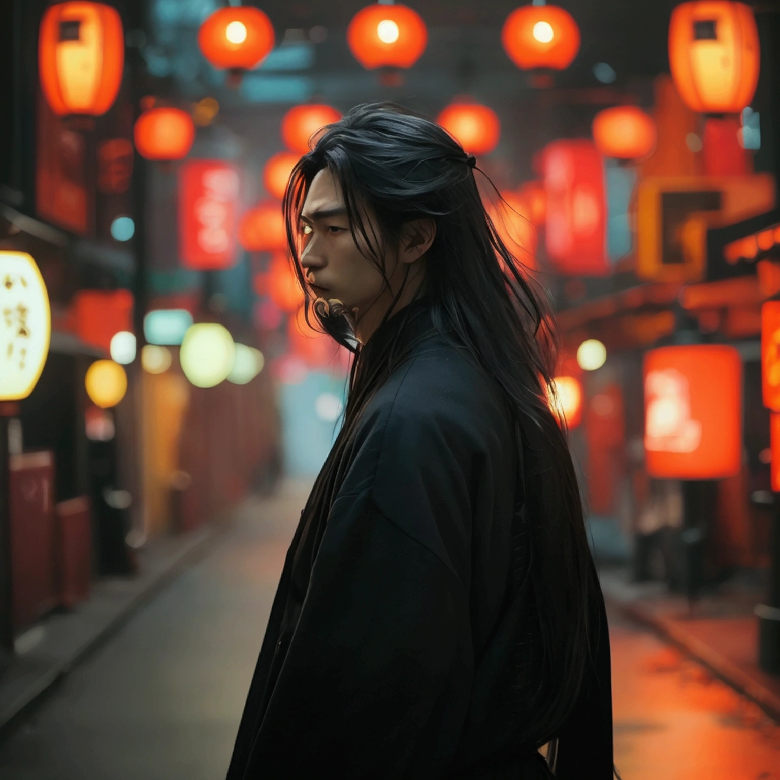 Behind Japan men、Black and long hair、40 years old、Backlight