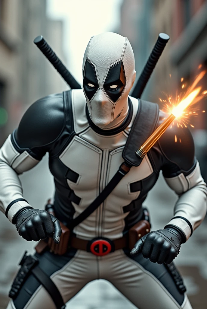 Deadpool in white costume cutting bullet 