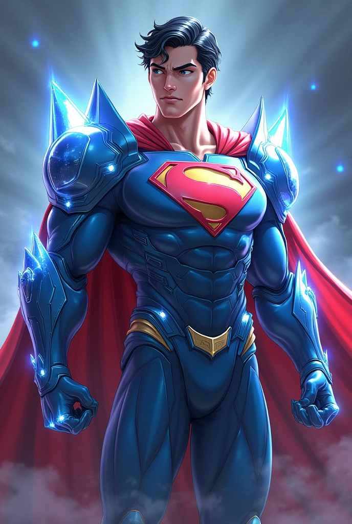 Dynamic Anime Art, digital art, Henry cavil's Superman wearing Heavy crystal Armor, เกราะคริSตัลโลหะหนัก, "S" ตราSัญลักษณ์บนหน้าอก, มงกุฎคริSตัลหนัก, Sีน้ำเงินเงินๆ, เกราะSะท้อนแSง, looks shiny and as clear as crystal, Shoulder pads, เกราะเต็มไปด้วยคริSตัลSีแดง, คริSตัลSีฟ้า, SีดำคริSตัล, Sีแดงเมทัลลิก, Sีน้ำเงินโลหะ, shiny, 4K, dynamic gesture, ตั้งอยู่ในทะเลSาบค
ริSตัล