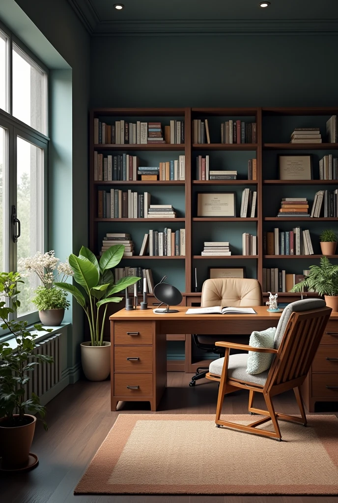 image of a realistic psychological office, with a desk, Chairs, a window and shelves.