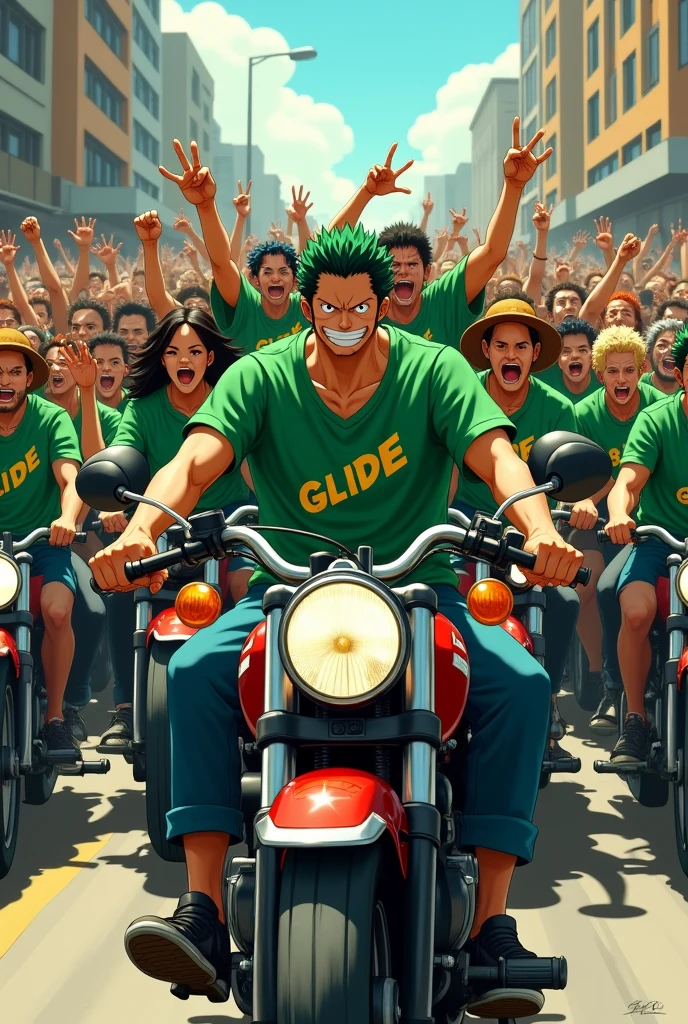 Zoro brought his squad of 100 people on a busy motorbike. all of them wore green group shirts that had the words glide on the chest of their shirts. all his troops were excited