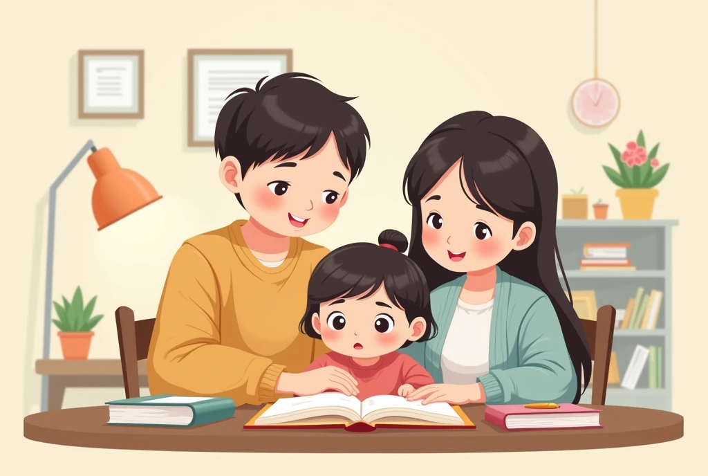 Cartoon image of parents patiently guiding their daughter to study, cartoon, cute cartoon, cute cartoon style, motherly love, cute illustration, clean anime art