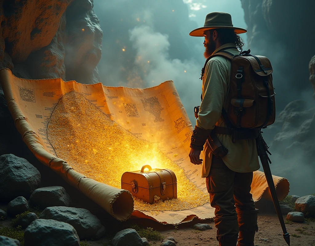 a treasure hunt poster, detailed treasure map, golden treasure chest, shimmering gems, adventurer explorer, intricate compass, swirling mist, dramatic lighting, vibrant colors, cinematic composition, (best quality,4k,8k,highres,masterpiece:1.2),ultra-detailed,(realistic,photorealistic,photo-realistic:1.37)